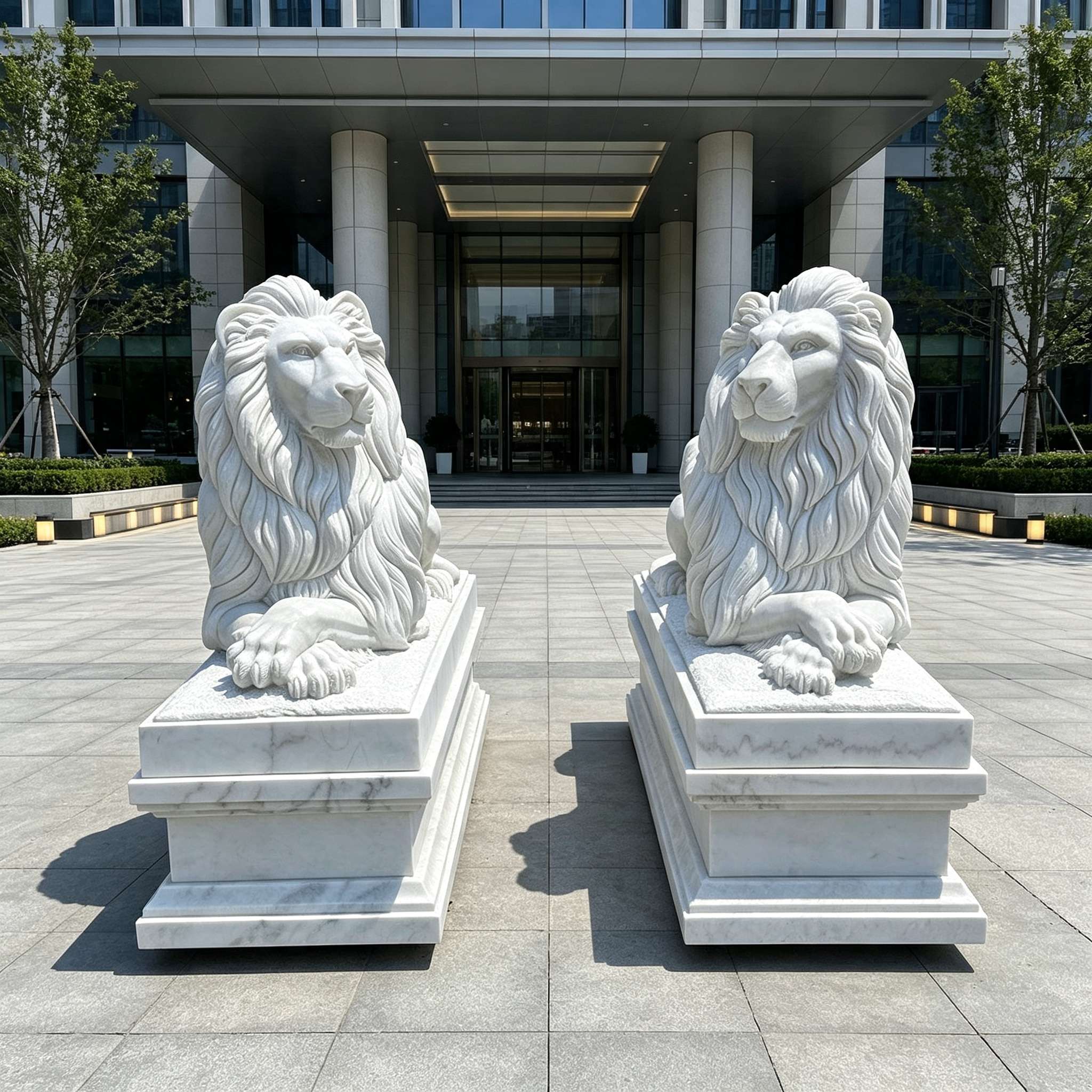 Pair of White Marble Lion Statues European Guardian Lion Sculpture-SAS-21518