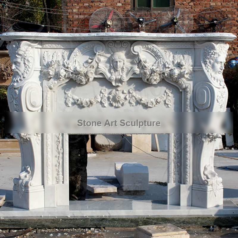 Hand Carved Exquisite Marble Fireplace Mantel with Figure Statue MOKK-106 detail image