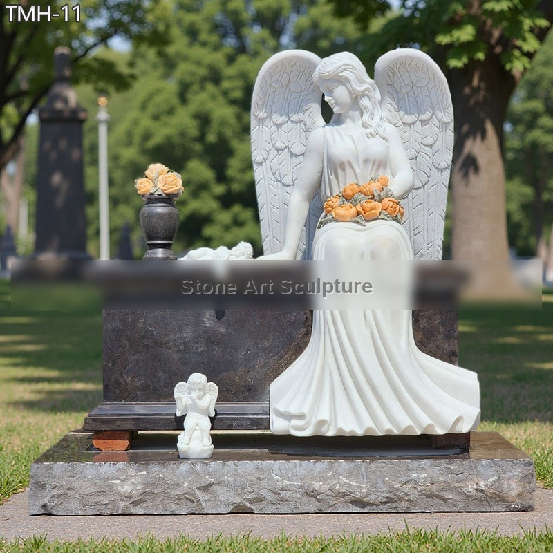 Angel with Granite Bench Headstone Memorial
