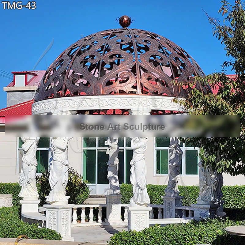 European Round White Marble Gazebo with Lady Statue for Sale TMG-43 detail image