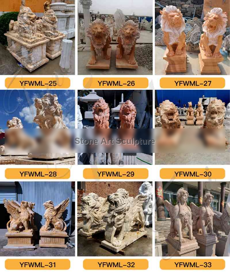 Pair of Life Size Stone Lion Statue With Shield for House TMA-29 detail image