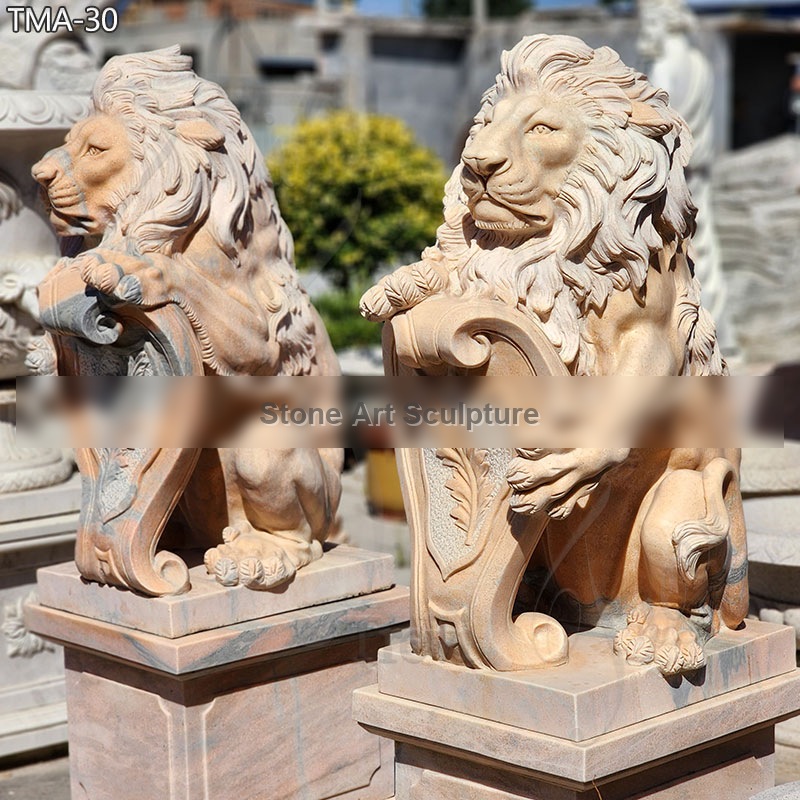 Outdoor Sitting Lion with Shield Garden Statue for Driveway TMA-30