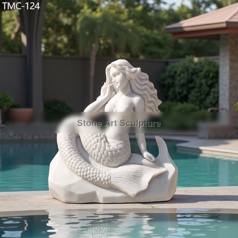 White Stone Mermaid Statue for Pool Decor TMC-124