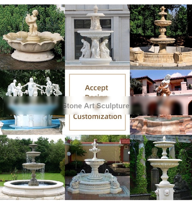 Custom Made Beige Marble Water Fountain Hand Carved with Elephant Statues for Sale MOKK-61 detail image