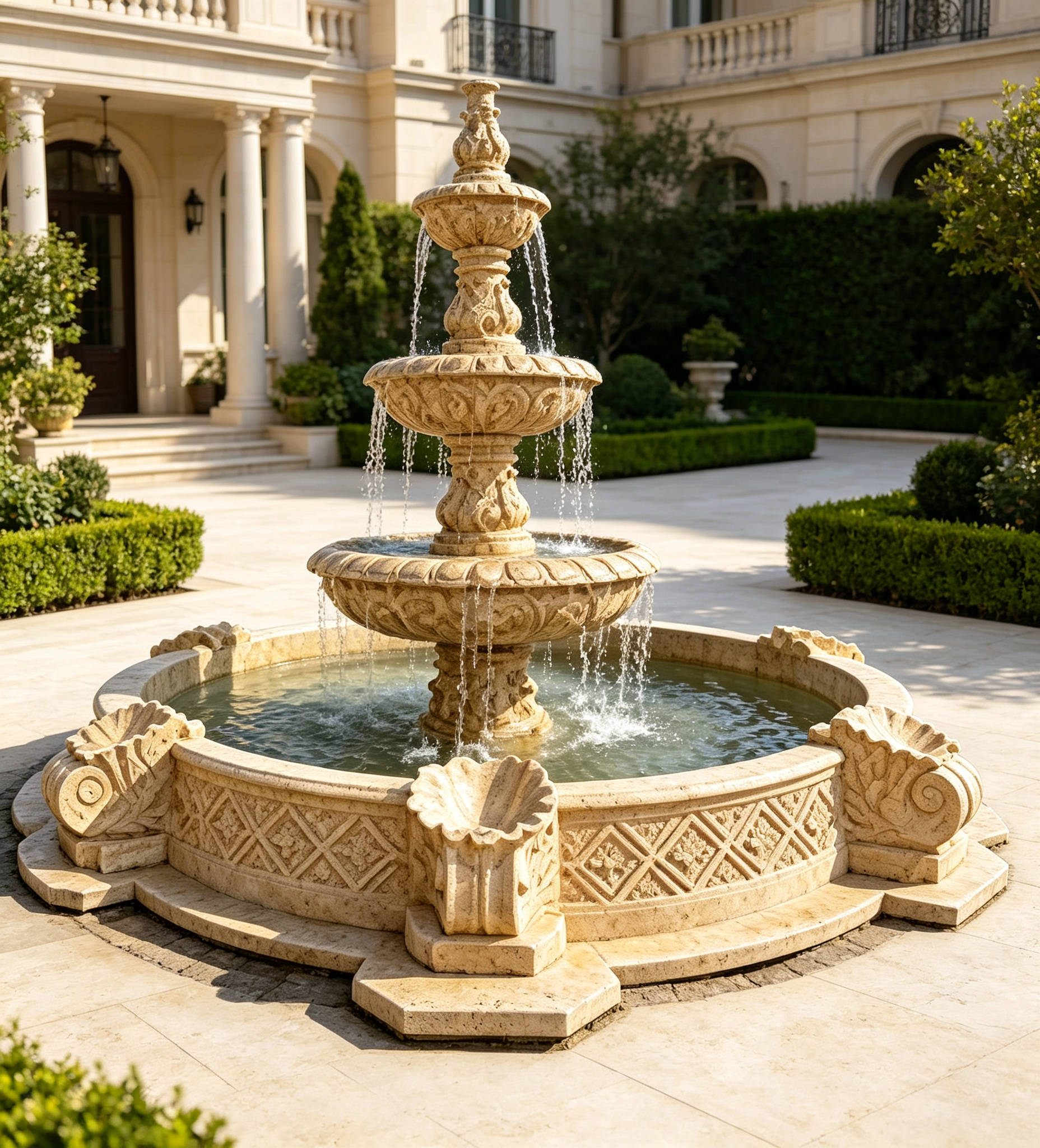 Three-Tier Travertine Carved Outdoor Fountain With Round Basin-SAS-101143