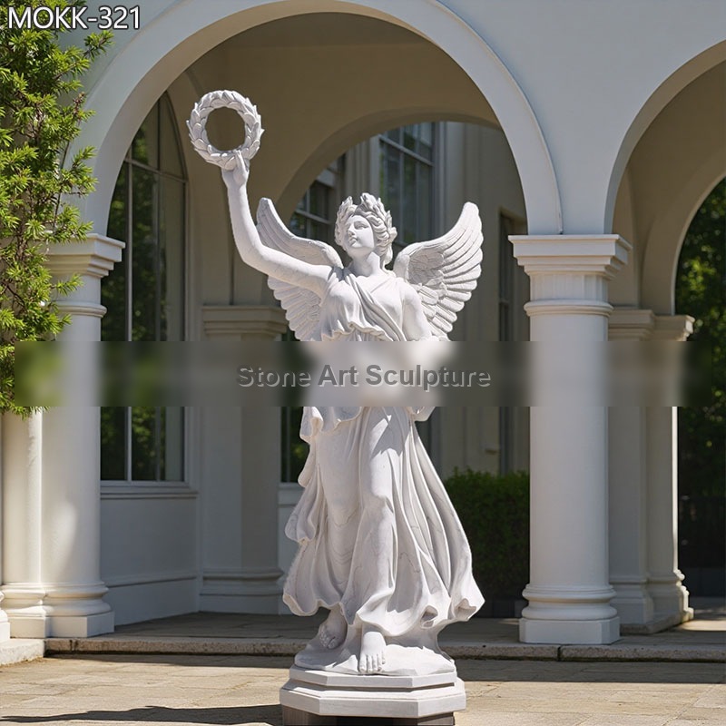 Outdoor White Marble Female Angel Statue Holding Wreath MOKK-321
