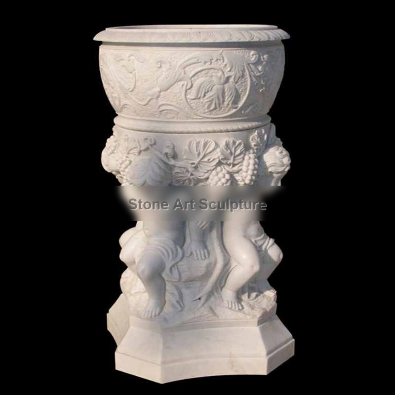 Hand Carved White Marble Flower Pot with Child Satue for Sale MOKK-48-1 detail image