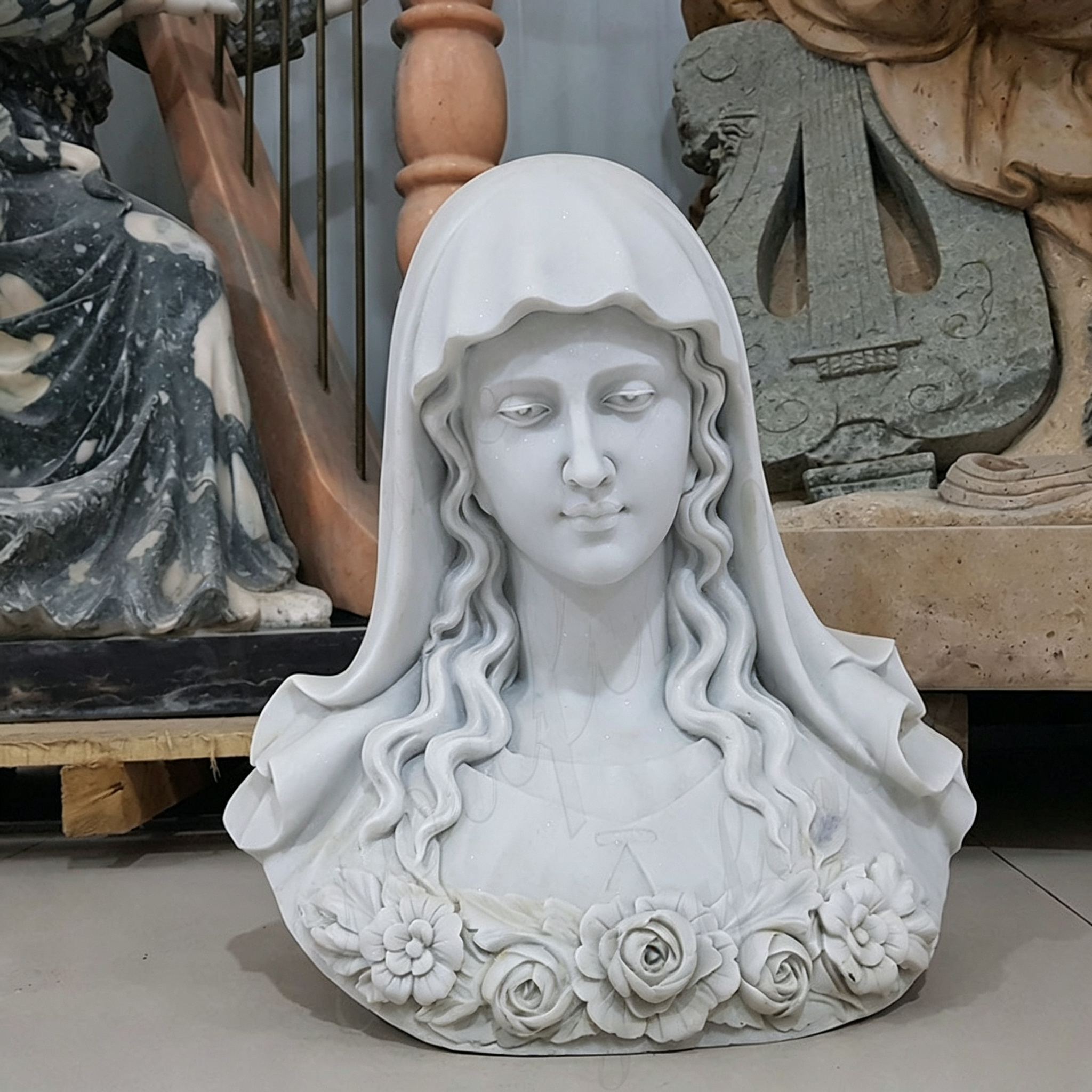 White Marble Virgin Mary Bust for Sale TCH-250 detail image