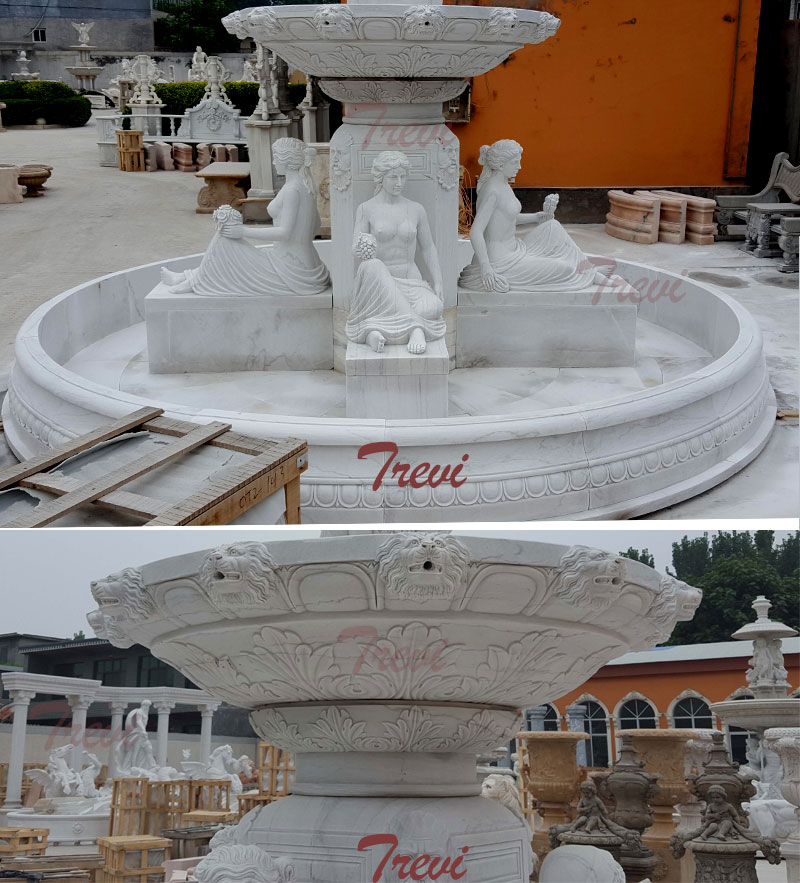 Clients feedback of white marble 2 tiers outdoor water fountains with sitting woman statues