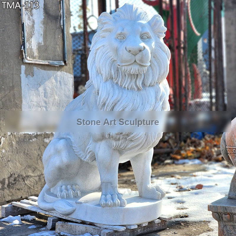 Life-Size White Marble Lion Statue for Home Entrance on Sale TMA-113 detail image