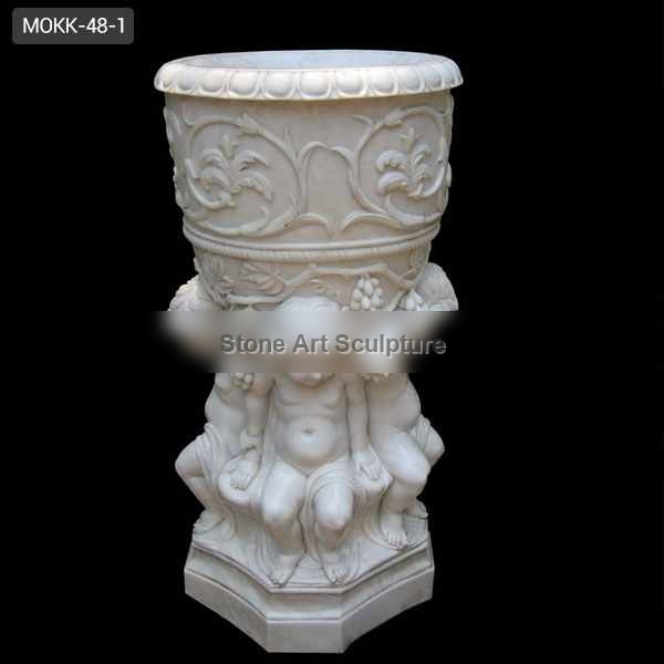Hand Carved White Marble Flower Pot with Child Satue for Sale MOKK-48-1
