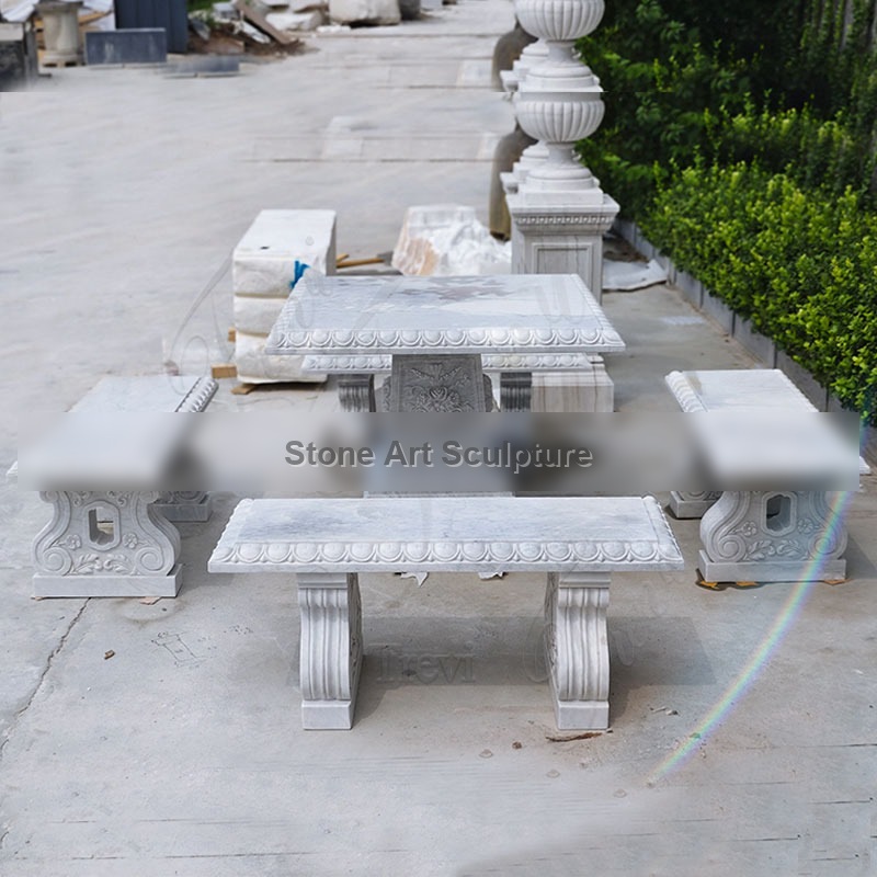 White Marble Table and Bench Outdoor Garden Decoration TAMD-10 detail image