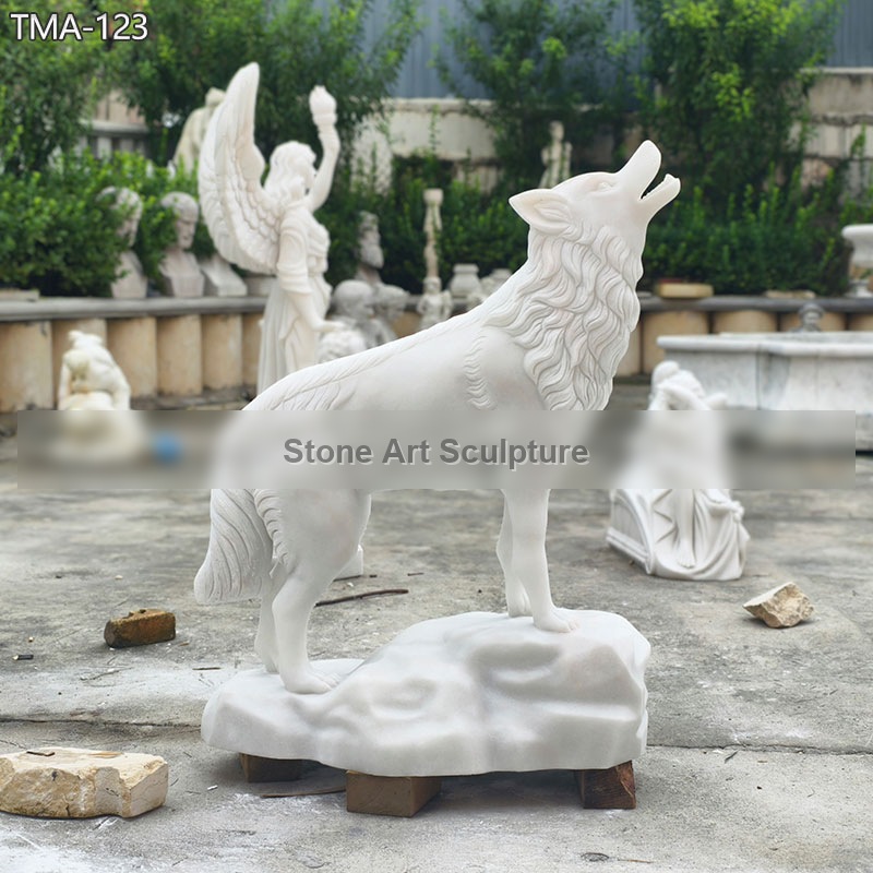 Hand-carved White Marble Wolf Statue for Garden detail image