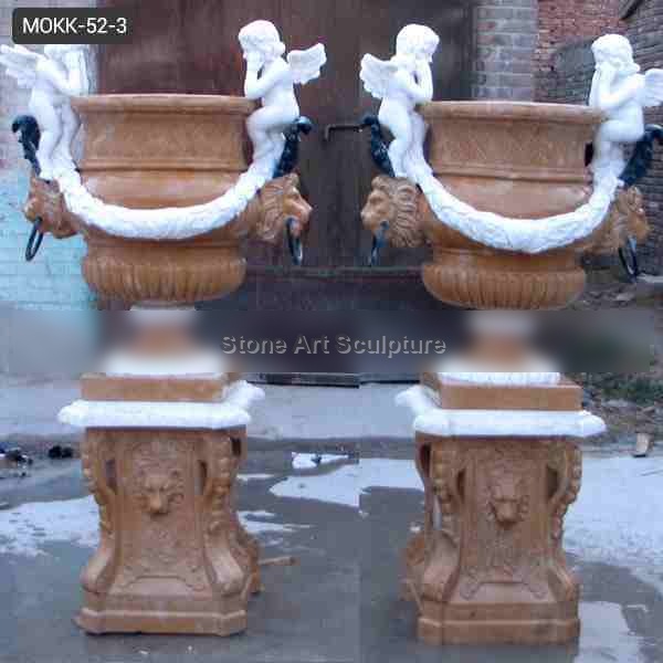 Hand Carved Large Natural Marble Planters with Angel Statue for Sale MOKK-52-3