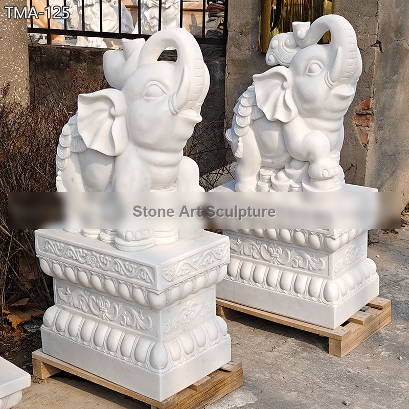 White Elephant Statue with Trunk up in Marble TMA-125 detail image