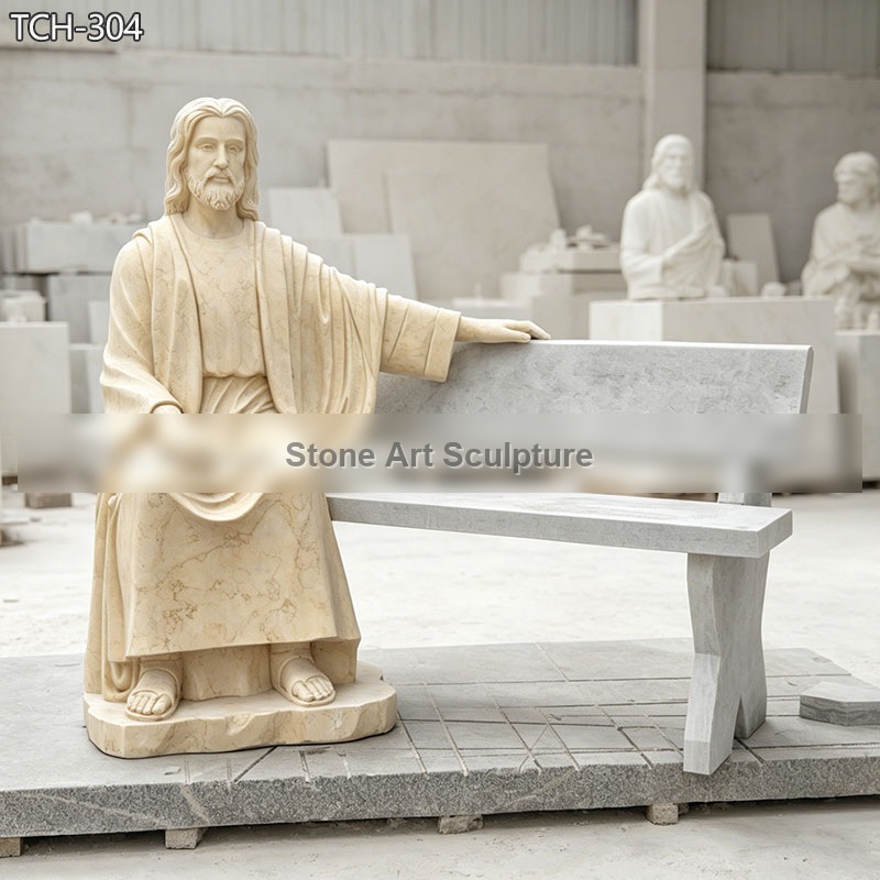 Jesus Sitting on a Bench Sculpture detail image