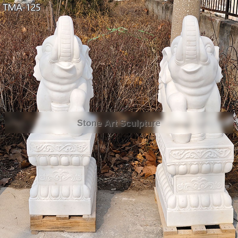 White Elephant Statue with Trunk up in Marble TMA-125 detail image