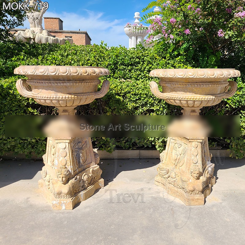 Wholesale Beige Marble Flower Pots Antique Style Garden Decor MOKK-719 detail image