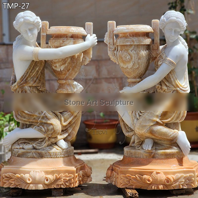 Hand-Carved Marble Flower Pot with Lady Statue for Sale TMP-27