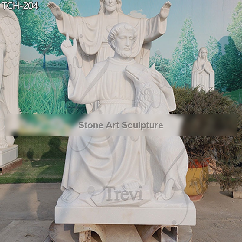 Marble Saint St. Francis of Assisi Statue with Wolf for Sale TCH-204 detail image