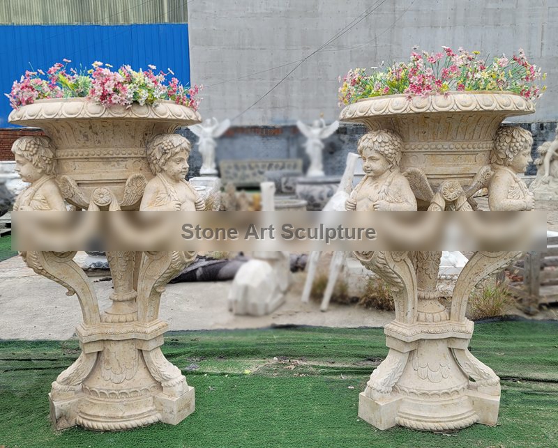 White Marble Planter Pot with Kid Carvings Design TMP-25 detail image