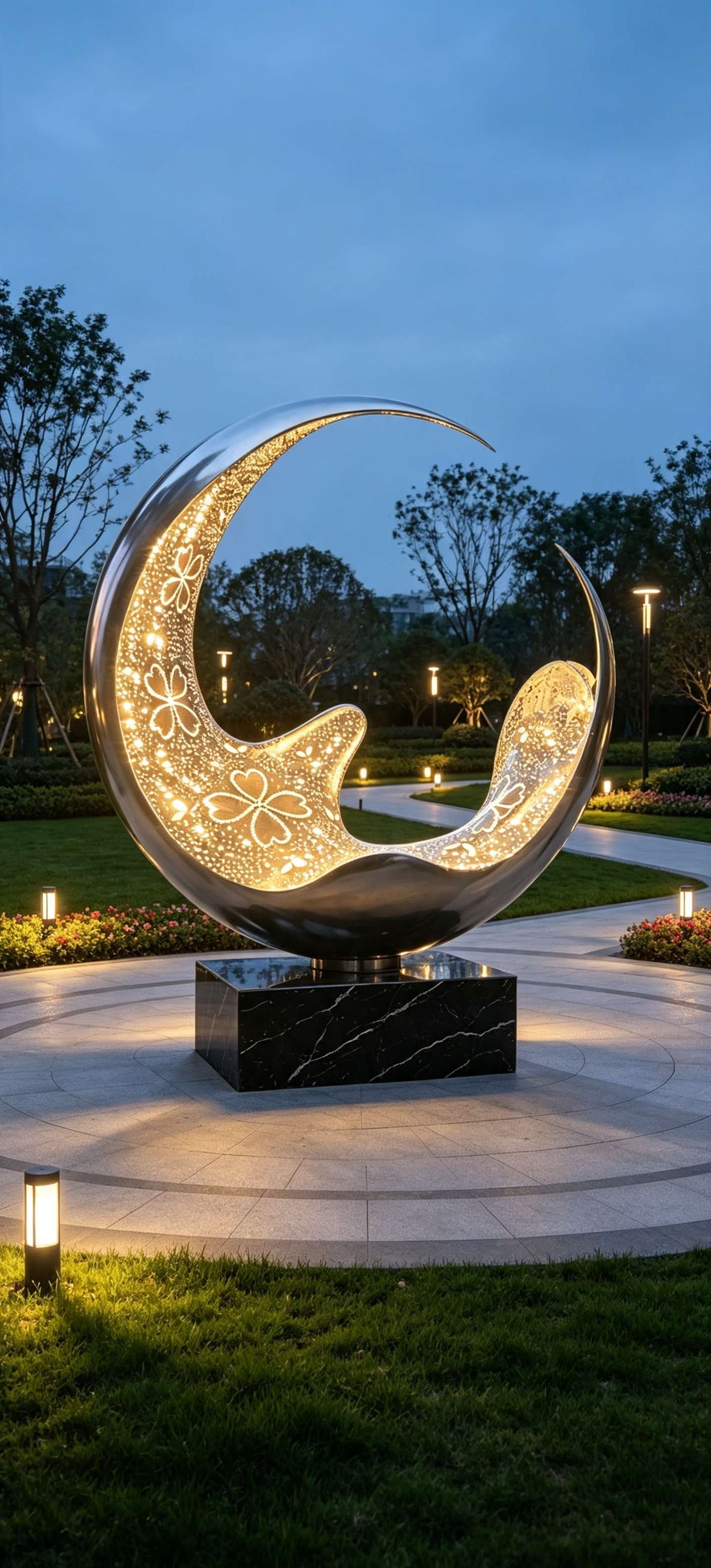 Stainless Steel Crescent Moon Light Sculpture, Outdoor Landscape Hollow LED Art Decor-SAS-21530