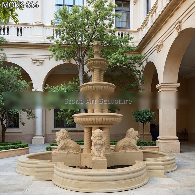 Large Beige Marble Lion Pool Fountain for Sale MOKK-884 detail image