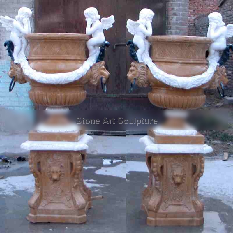 Hand Carved Large Natural Marble Planters with Angel Statue for Sale MOKK-52-3 detail image