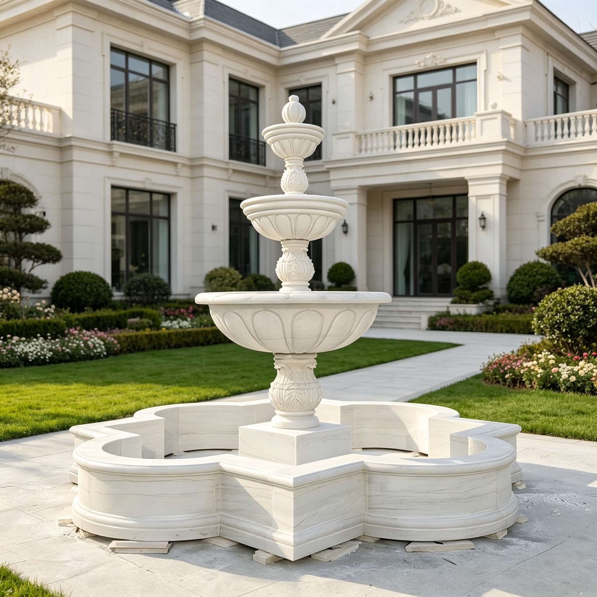 White Marble Three Tier Clover Base Outdoor Garden Fountain-SAS-101147