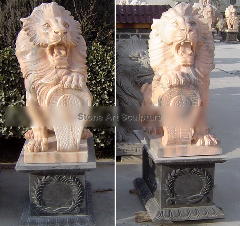 Pair of Life Size Stone Lion Statue With Shield for House TMA-29 detail image