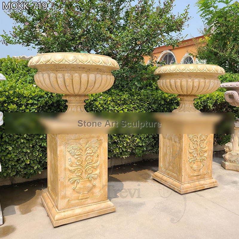 Wholesale Beige Marble Flower Pots Antique Style Garden Decor MOKK-719 detail image