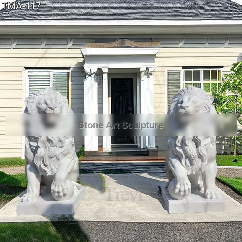 White Marble Lion Statue with Ball for Front Porch on Sale