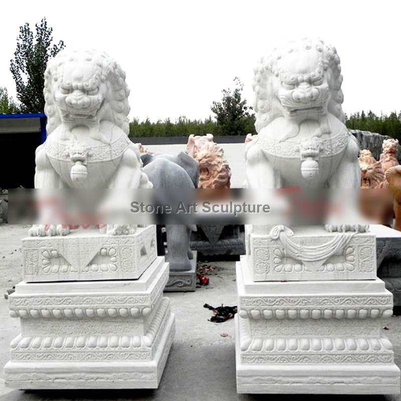 Buy Marble Chinese Foo Dog Pair of White Lion Statues for Driveway TMA-07