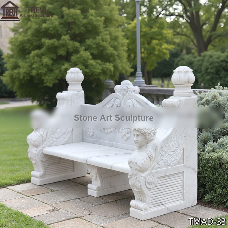 White Garden Bench with Hand Carved Caryatids