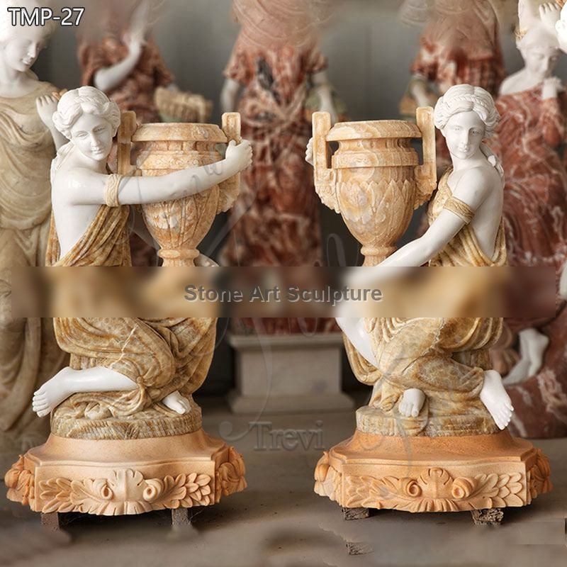 Hand-Carved Marble Flower Pot with Lady Statue for Sale TMP-27 detail image