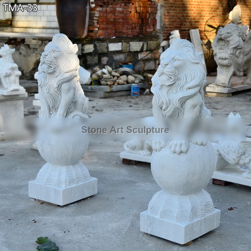 Pair of Sitting Lions Statue on Ball TMA-33 detail image