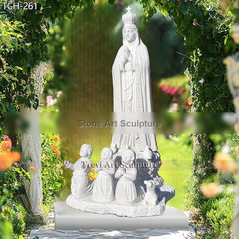 Marble Virgin Fatima Statue with Children and Lamb detail image
