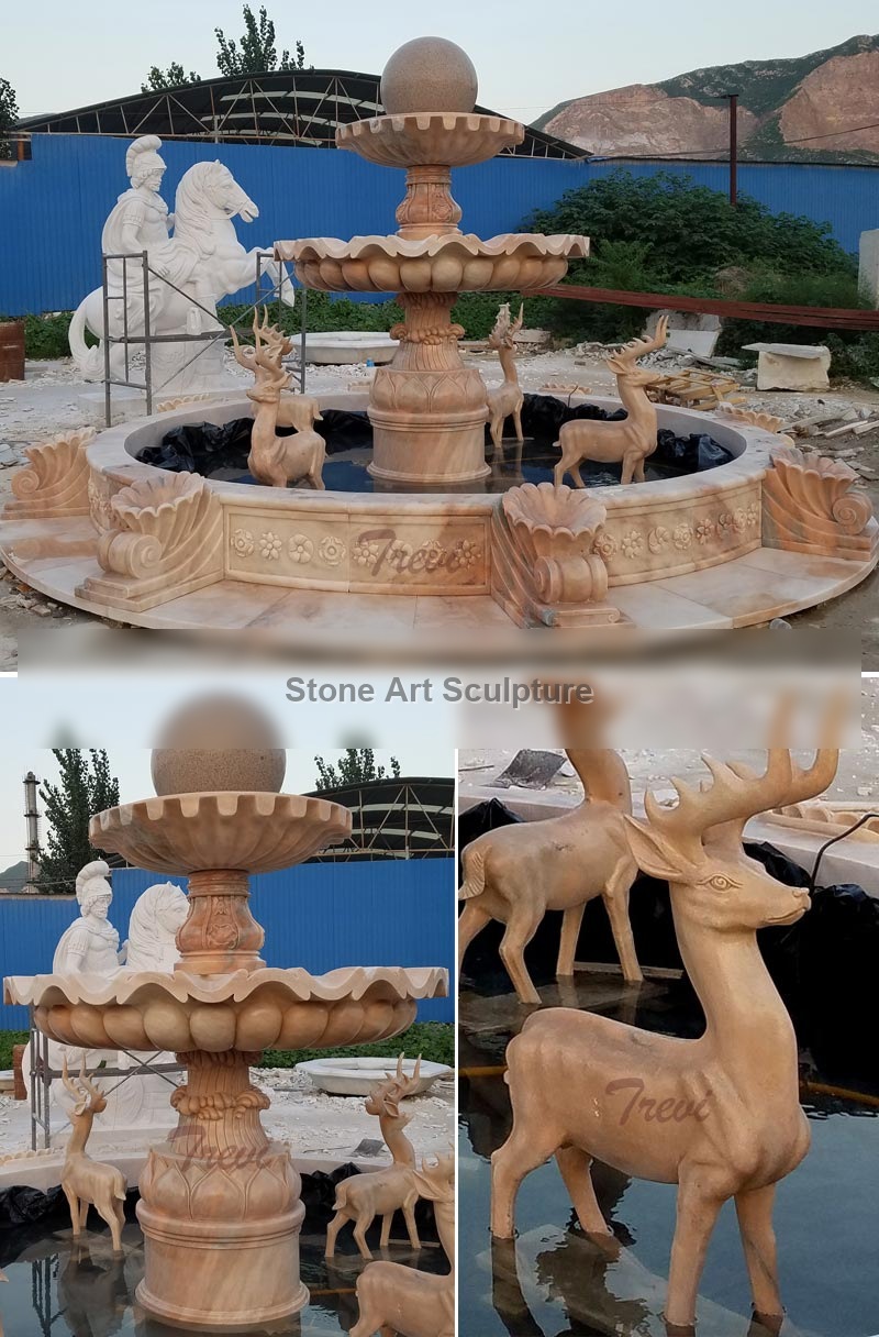 Backyard tiered rolling marble ball garden water fountain with stag statues MOKK-04 detail image