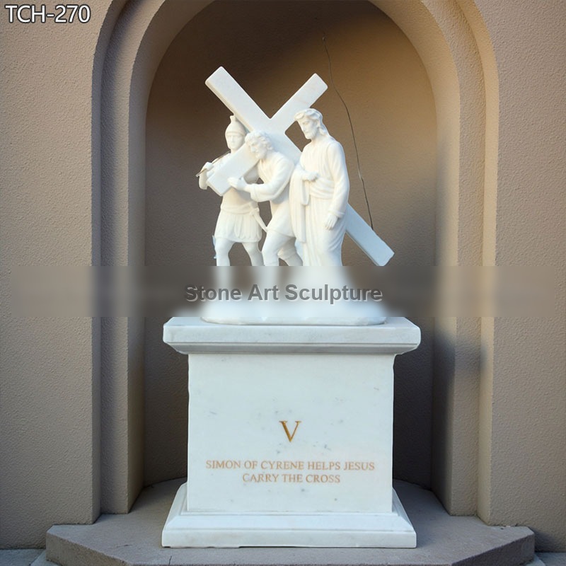 Station V | Simon Helps Jesus Carry His Cross Marble Statue detail image