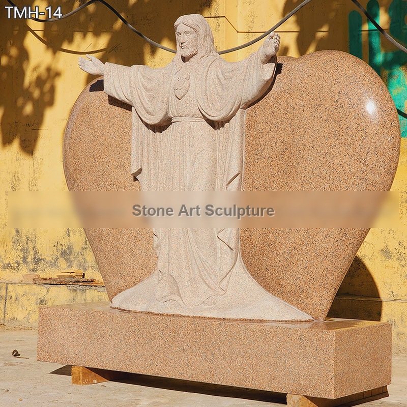 Red Granite Jesus Statue Heart-Shaped Tombstone TMH-14 detail image