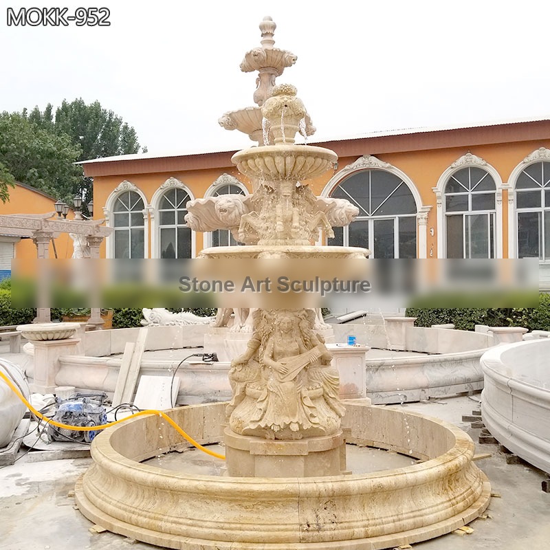 Tan Color Stone Marble Water Fountain Lady with Horse and Lion Head MOKK-952 detail image