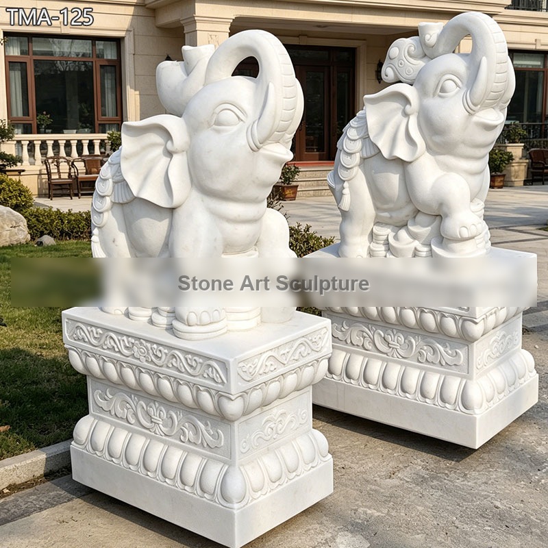 White Elephant Statue with Trunk up in Marble TMA-125