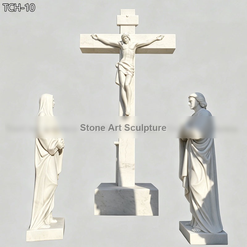 Marble Crucifixion Scene with Virgin Mary and Saint John detail image
