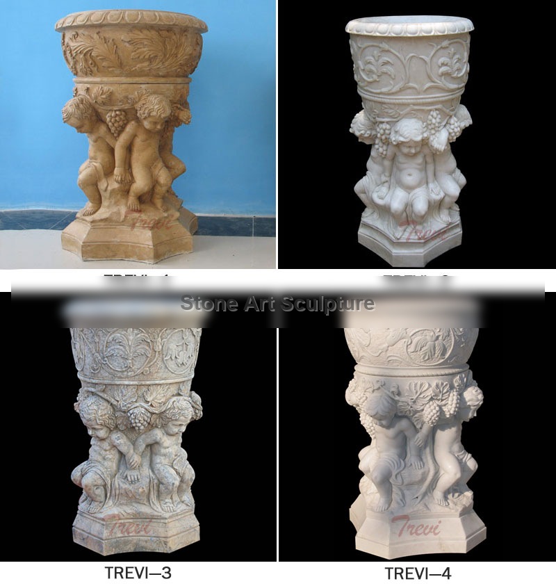 Outdoor garden decor beige marble flower urns pot with angel statues for sale TMP-09 detail image