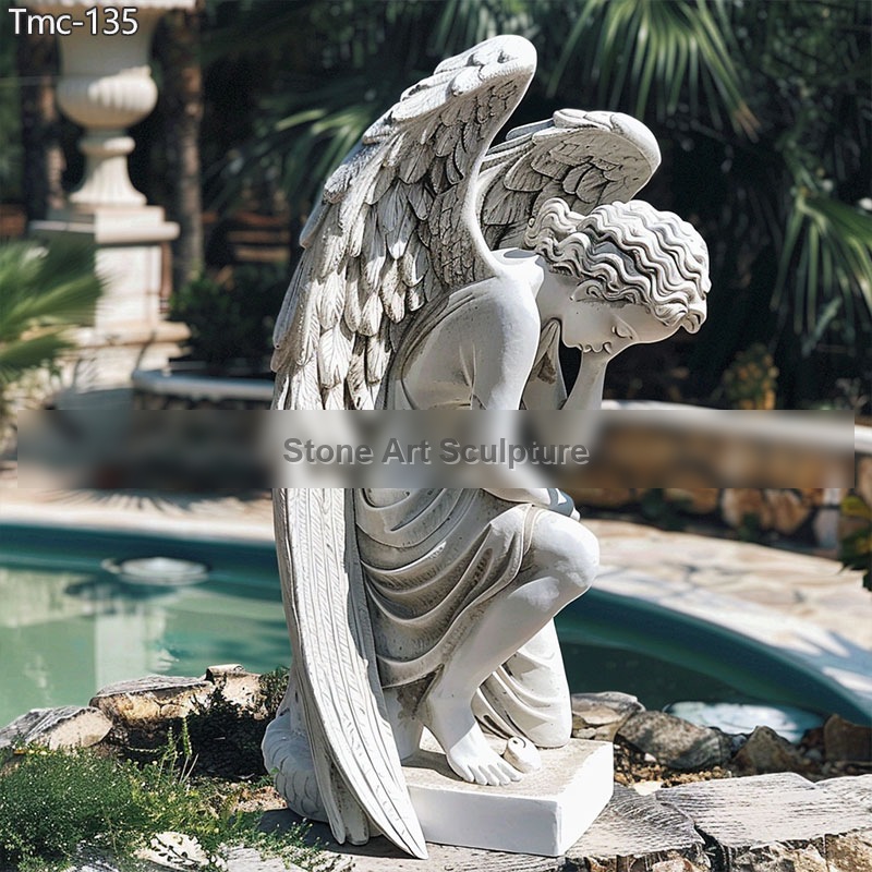 Carved Marble Sad Kneeling Angel Statue detail image
