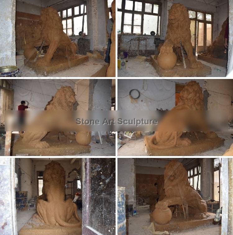 Western Beige Marble Standing Winged Lion Sculpture for Sale MOKK-607 detail image