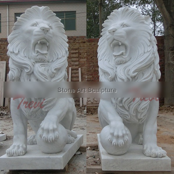Outdoor White Marble Sitting Lion with Paw on Ball for Front Porch Sale TMA-12