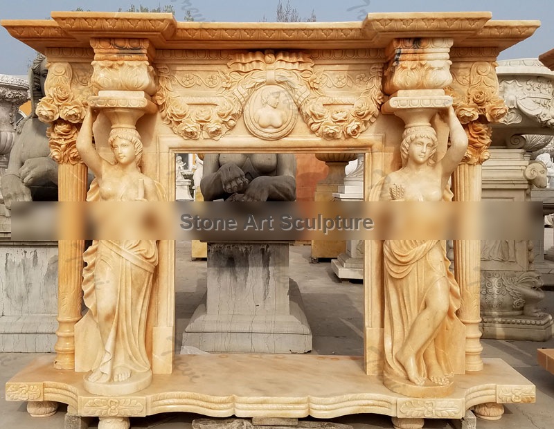 luxury craftsman style carved antique stone fireplace mentels surrounds design for fall TMFP-06 detail image