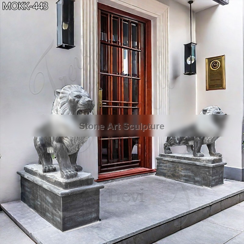 Pair of Standing Black Lion Statues In Front of House for Sale MOKK-443 detail image