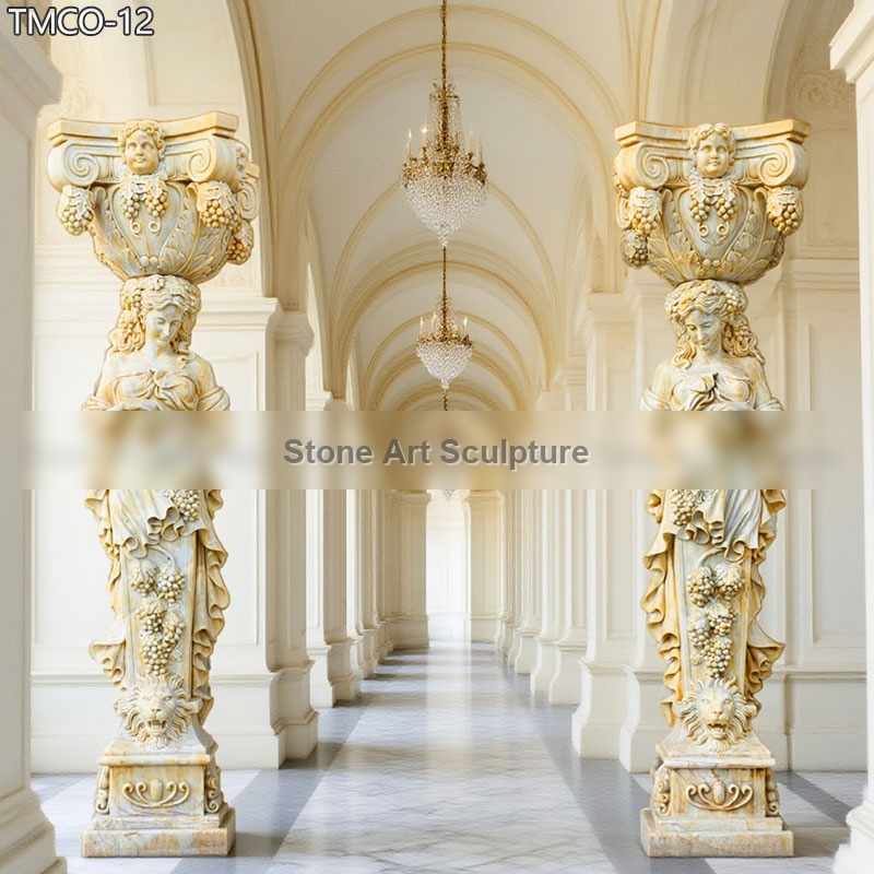 Ornate Marble Caryatid Sculpture Adorned with Grapevines detail image